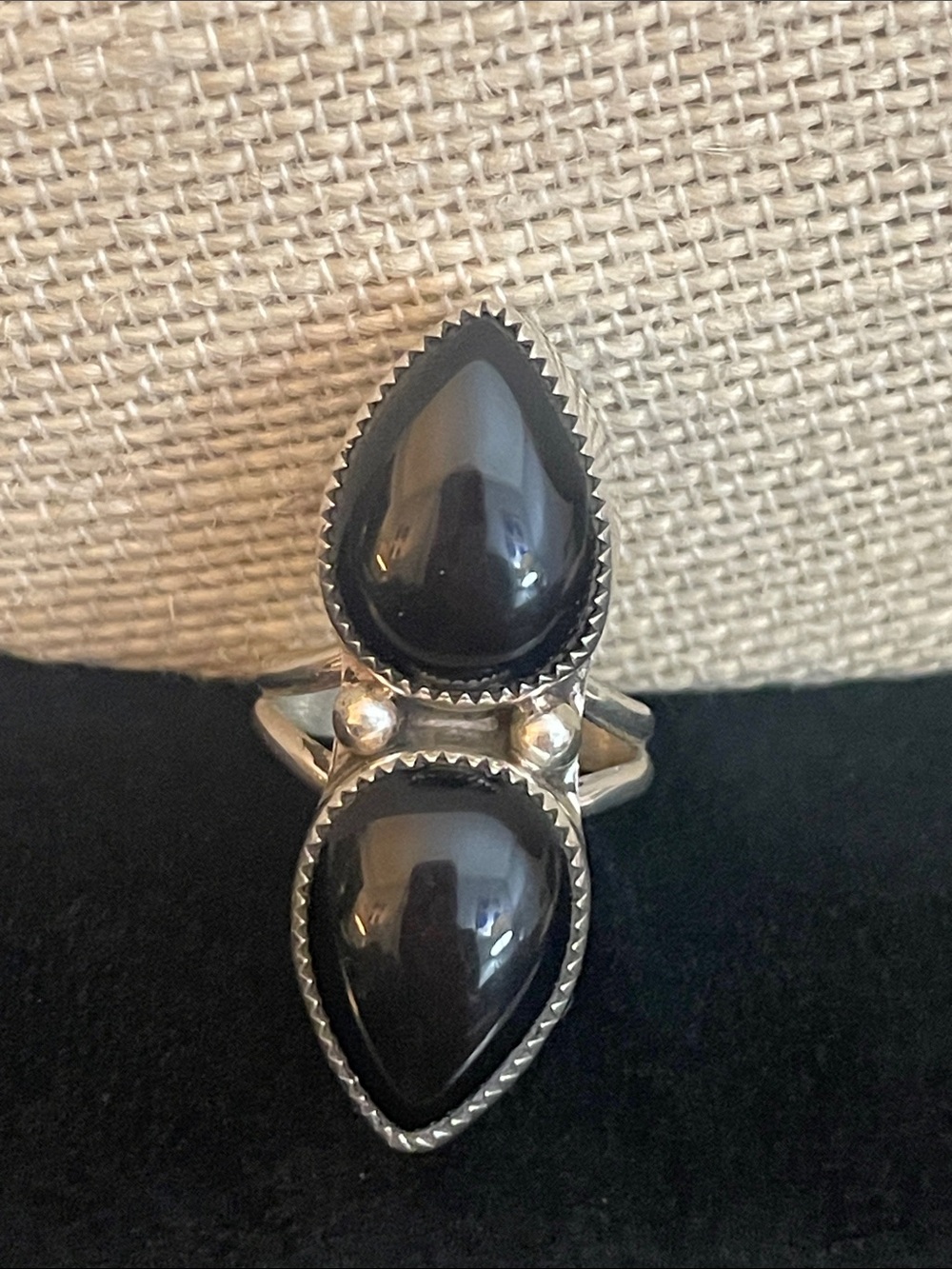 Native JERRY BEGAY JB Stampd Sterling Silver & Black Onyx Teardrop Ring SZ 6.5